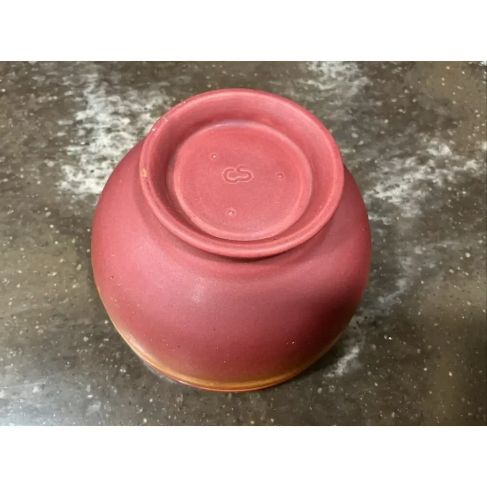 Vintage Studio Pottery Bowl Signed CS Red Brown Art Pottery Footed Bowl